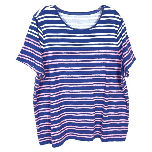 Talbots Plus Size 3X Top Tee Knit Cotton Striped Blue‎ Pink White Crew 1250 - Picture 1 of 10